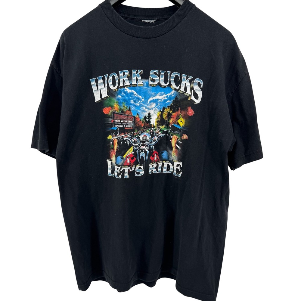 Good Sports Work Sucks Let's Ride Y2K T-Shirt Mens XL Black Biker Graphic 2008
